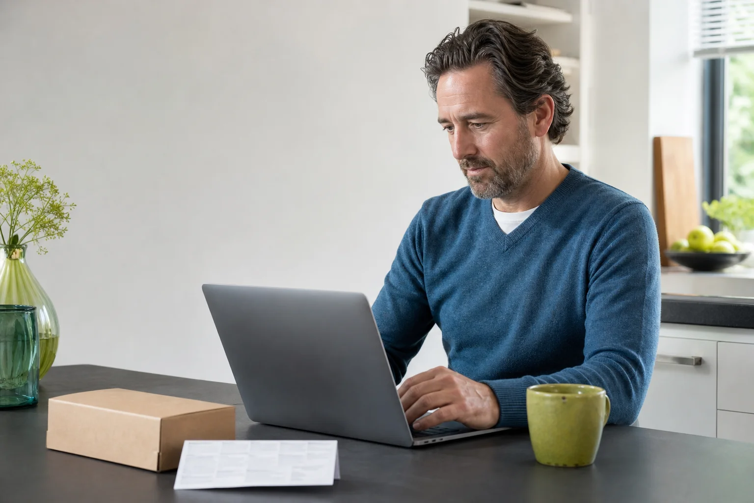 Man controleert thuis een online medicijnaanbieder